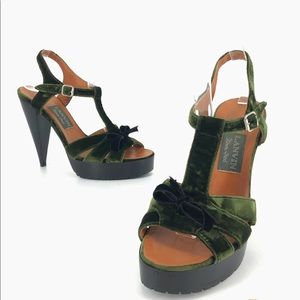 LANVIN Velvet T-strap lug sole green cone heels 38